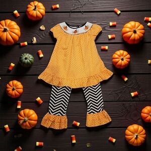 Emily Rose Girls Halloween Outfit  Pumpkin Polka Dot Top & Chevron Pants Sz 5